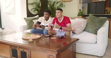 Kanepede el sıkışan, gazoz yudumlayan ve televizyon izlerken pizza yiyen çeşitli erkek arkadaşlar. Gündelik, dostluk, rahatlama, sosyalleşme, rahat, eğlence, modern