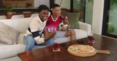 Çeşitli erkek arkadaşlar kanepede top izleme maçı düzenliyor, hedefi kutluyor ve pizzayı paylaşıyorlar. Arkadaşlar, eğlence, eğlence, gündelik, modern, eğlence, kutlama