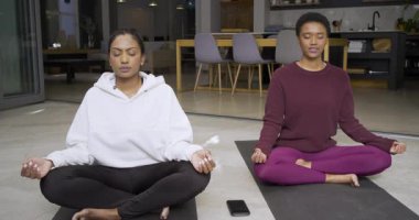 Çeşitli bayan arkadaşlar yoga minderleri üzerine meditasyonu açık planlı evde bitiriyor, gülümsüyor ve selamlıyorlar. Meditasyon, farkındalık, dostluk, rahatlama, evcil, dingin, sağIık