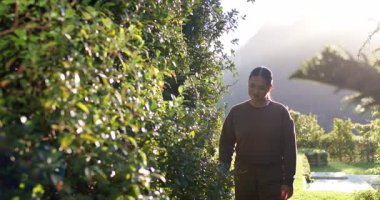 Asyalı bir kadın bahçeden çitlere yaklaşıyor yaprakları inceliyor ve yapraklara hayran, kopya alanı. Doğa, sükunet, sükunet, keşif, botanik, açık hava, farkındalık