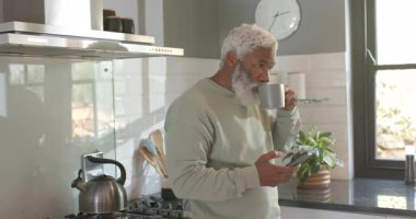 Telefon alarmına cevap veriyorum, yaşlı Afro-Amerikan adam gri bardağı yudumluyor, mutfakta telefonları kaydırıyor. Çağdaş, yaşam tarzı, minimalist, iletişim, rahatlama, evcil, sıcak