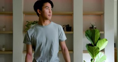 Keman yaprağı incir ağacının arkasına adım atmak, Asyalı bir adam yeşilliğin tadını çıkarmak ve gülümsemek için pencereye doğru yürüyor. Botanik, iç mekan, minimalist, yaşam tarzı, doğal, sakin, modern