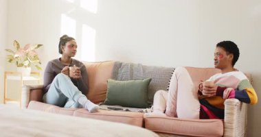 Karşılıklı bakışmalar, çeşitli bayan arkadaşların bardaklarını yudumlaması ve güneşli oturma odasındaki kanepede sohbet etmesi. Konforlu, dostça, çağdaş, yaşam tarzı, sıcaklık, rahatlık, bağlantı