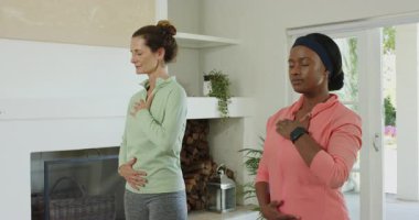 Çeşitli bayan arkadaşlar rahatlamak için nefes alıyor, başınızın üstünde geriliyor ve evde gülümsüyor. Meditasyon, sağlık, farkındalık, uyum, sükunet, zindelik, bağlantı