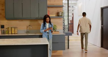 Afrika kökenli Amerikalı bir çift akıllı telefon listesini kontrol ediyor sonra da mermer adada poşetlerden alışveriş poşetlerini açıyor. Çift, ev halkı, teknoloji, yaşam tarzı, modern, iç mekan, işbirliği