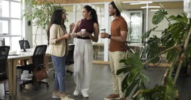 Çeşitli iş arkadaşları, yeni geleni elinde kahve fincanları tutarken açık planlı ofise girerken selamlıyor. İşbirliği, iletişim, takım çalışması, dostane, profesyonel, modern, iş yeri