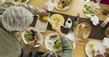 Altı kişilik çeşitli bir aile salata manzarasına meyve suyu dökerek ve evde salata servisi yaparak tepki veriyor. Aile, birliktelik, yemek, kutlama, sıcaklık, uyum, beslenme