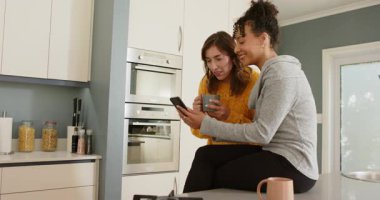 Çeşitli bayan arkadaşlar gri mutfak adasında ayakta duruyorlar, akıllı telefonları kaydırıyorlar ve fincanları yudumluyorlar. Sıradan, evcil, dost canlısı, modern, rahat, yaşam tarzı, bağlantı