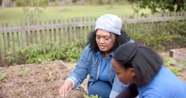 Bahçe yataklarında diz çöküp çalı çırpı tohumu eken çeşitli bahçe gönüllüleri. Bahçecilik, sürdürülebilirlik, takım çalışması, açık hava, doğal sağlık, ekolojik