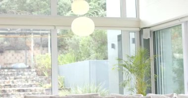 Zamanlayıcı kamerayı aşağı doğru çevirmeye başlıyor eğri büğrü gri kanepeyi cam duvarlı saksı bitkisiyle gösteriyor. Modern, minimalizm, iç mimari, yaşam tarzı, tasarım, manzara