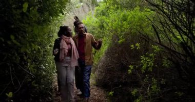 Yürüyüş orman yolu boyunca başlarken, grup dalları ayırıyor ve keşfetmek için yaprakları inceliyor. Macera, keşif, arkadaşlık, doğa, orman, yürüyüş, yeşillik.