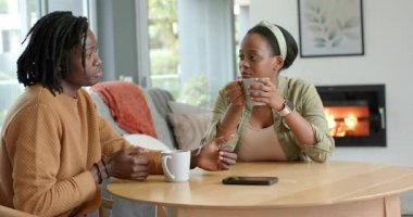 Afro-Amerikalı çift evde akıllı telefonla sohbet ediyor ve görüşlerini paylaşıyorlar. Samimiyet, iletişim, sıcaklık, rahatlama, evcil, yaşam tarzı, modern