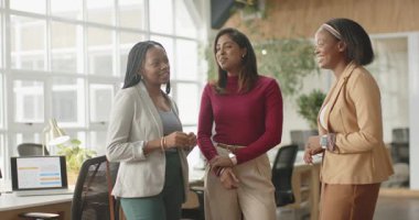 Çeşitli kadın iş arkadaşları, akranlarının yorumlarına, gülüşlerine, dizüstü bilgisayarlarıyla kameraya dönmelerine tepki veriyor. İşbirliği, takım çalışması, çeşitlilik, profesyonellik, yenilik, iletişim, modernlik