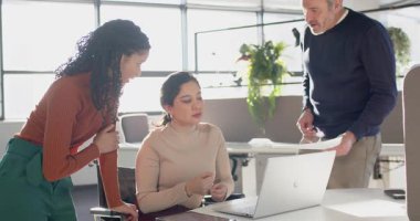 Çeşitli iş arkadaşları masadaki adamdan baskı alıyor ve güncelleme için laptopta işbirliği yapıyorlar. İşbirliği, takım çalışması, çeşitlilik, profesyonel, yenilik, modern, üretkenlik