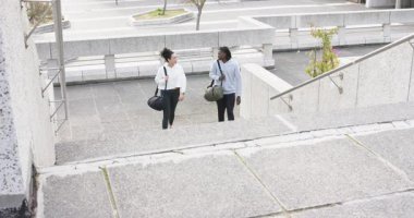 Çeşitli arkadaşlar merdivenlere çıkıyorlar, sohbet ederken tırmanıyorlar ve spor çantaları taşıyorlar. Kentsel, arkadaşlık, fitness, modern, gündelik, aktif, mimari