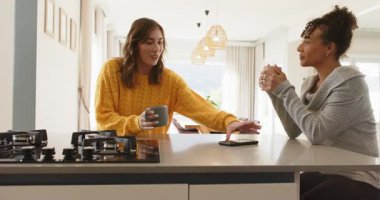 Kahve içmek, çeşitli bayan arkadaşlar bardak yerleştirmek ve mutfak adasında telefon paylaşmak, gülmek. Samimiyet, dostluk, iletişim, eğlence, iç mekan, yaşam tarzı, bağlantı