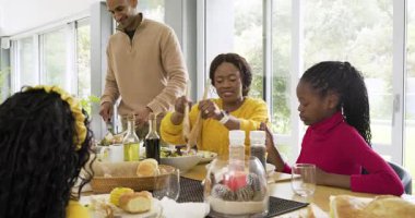 Genişletilmiş aile yemeği için salata paylaşımı yapıyor. Bu da babamın et dilimlemesiyle tetikleniyor. Aile, yemek, birliktelik, kutlama, sıcaklık, neşe, kırsallık