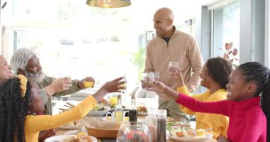 Çeşitli aileler, güneş ışığında yemek masasında bardakları kaldırırken bir adamın temiz bardakları kaldırmasını izler. Kutlama, birlik, sıcaklık, birliktelik, samimiyet, neşe, rahatlık.