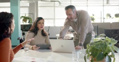 Görevde çalışan çeşitli iş arkadaşları dizüstü bilgisayarları ve tablet çizelgelerini inceleyen kadınları işaret ediyor. İşbirliği, takım çalışması, iş, yenilik, modern, profesyonel, üretkenlik