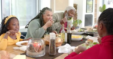 Yemek masasında aile yemeği, kamera düzgün çalışıyor, genç kız objektife dönüyor ve gülümsüyor. Aile, yemek, yemek, birliktelik, sıcaklık, topluluk, yaşam tarzı.