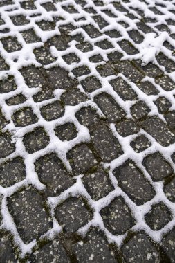 Detail of floor for pedestrians in the city with snow and ice in winter