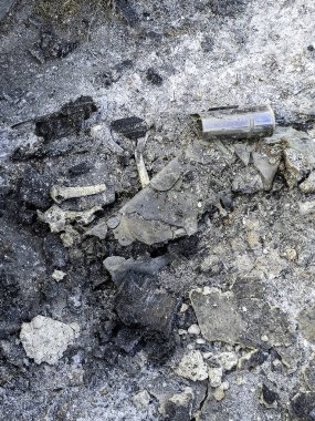 İnsan kemikleri ve mezarlık kalıntılarıyla dolu eski krematoryumun ayrıntıları.