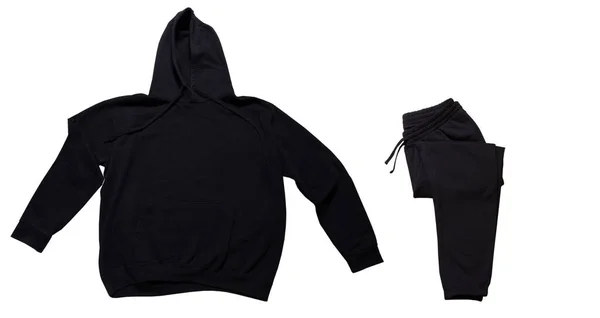 Set Black Hoodie Sweatshirt Pants White Background Copy Space Set — Stock Photo, Image