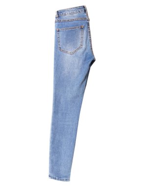 Beyaz arka planda izole edilmiş mavi kadın pantolonu, günlük tarz, beyaz arka planda izole edilmiş kot.