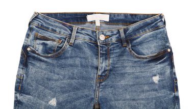 Öngörünüm Denim kotları beyaz arkaplanda izole edilmiş şekilde kapatılır