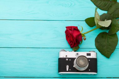 retro camera and roses - vedding love story concept