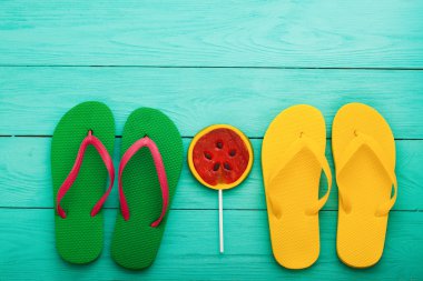 summer bavkground top view close up, summer accesories on wooden background