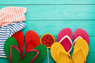 summer bavkground top view close up, summer accesories on wooden background