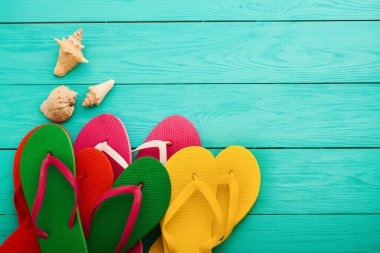 summer bavkground top view close up, summer accesories on wooden background