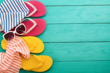 summer bavkground top view close up, summer accesories on wooden background