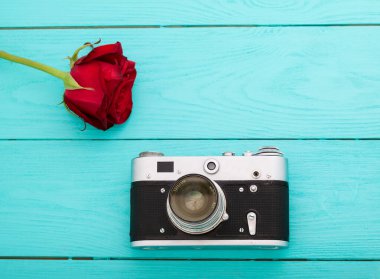retro camera and roses - vedding love story concept copy space