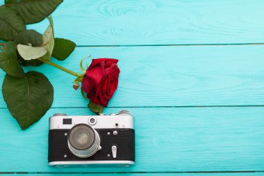 retro camera and roses - vedding love story concept copy space