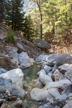 Yazın vadi boyunca yol boyunca dağların manzarası. Yunanistan Dağları 'ndaki bir vadi olan Gorge' un manzarası, dünyanın en derin vadilerinden biri olan dağların yamaçlarında uzanıyor..