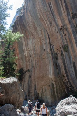 Yazın vadi boyunca yol boyunca dağların manzarası. Yunanistan Dağları 'ndaki bir vadi olan Gorge' un manzarası, dünyanın en derin vadilerinden biri olan dağların yamaçlarında uzanıyor..
