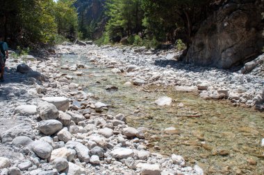 Yazın vadi boyunca yol boyunca dağların manzarası. Yunanistan Dağları 'ndaki bir vadi olan Gorge' un manzarası, dünyanın en derin vadilerinden biri olan dağların yamaçlarında uzanıyor..
