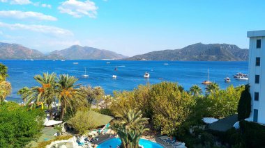 Deniz palmiyeleri ve dağları olan güzel deniz manzarası, yaz arkaplanı, tatil arka planı, kopyalama alanı