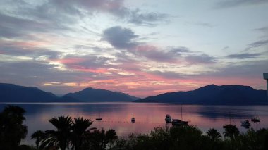 Deniz palmiyeleri ve dağları olan güzel deniz manzarası, yaz arkaplanı, tatil arka planı, kopyalama alanı