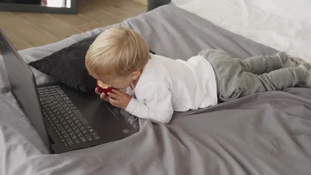 一个孩子和一个笔记本电脑 一个小男孩吃了一个苹果 按下了笔记本电脑上的按钮 — 图库视频影像