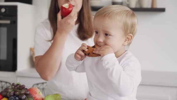 Jak Nauczyć Dziecko Prawidłowego Odżywiania Zdrowe Odżywianie Rodzinie Mama Karmi — Wideo stockowe