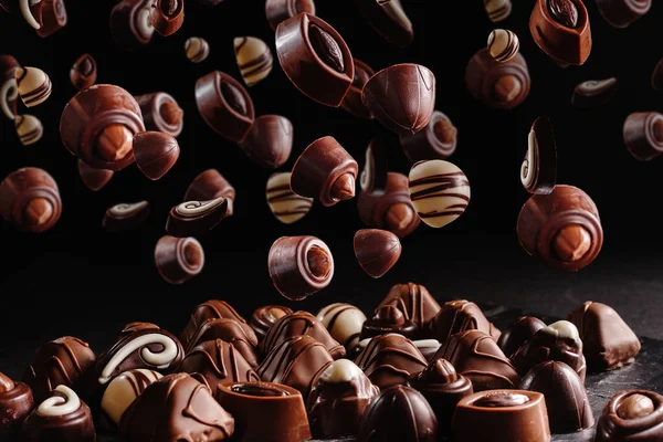 Chocolate Candies Various Fillings Sweet Food Background Levitation Flight Sweet — Stock Photo, Image