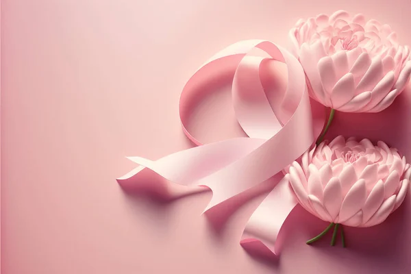 pink ribbon international womens day. March 8 background design. Womens Day greeting text on March 8 with pink ribbon and camellia flower elements for international womens day.