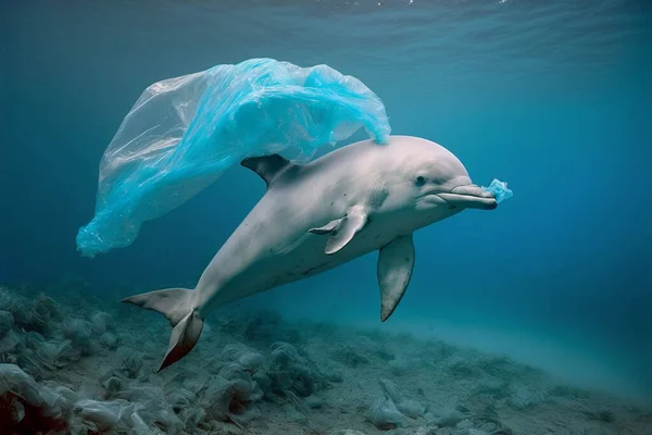A dolphin trapped in a plastic bag in the ocean. Environmental Protection. A dolphin stuck in a plastic bag. The concept of ocean pollution