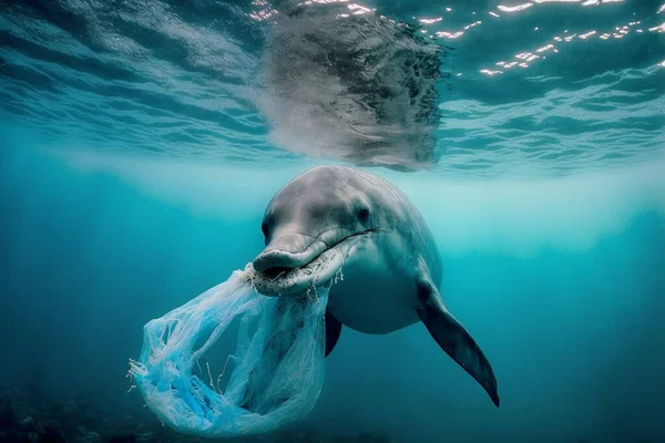 Protecting the Ocean. Lets save our oceans. Dolphin with a plastic bag swimming in the ocean.