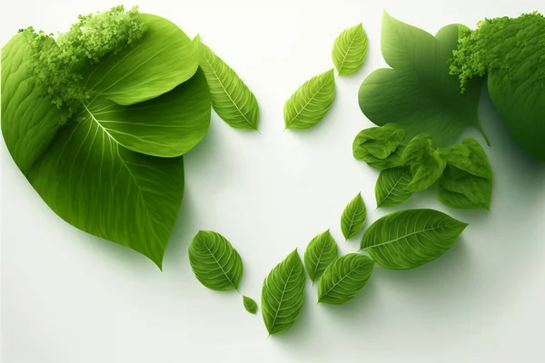 green leaf heart on a white background. Happy Earth Day card, banner or flyer concept. Bright fresh 3d realistic green leaves in heart shape isolated on white background