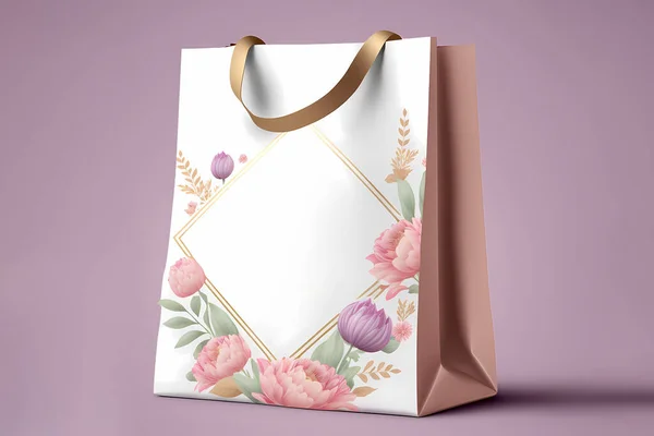gift bag with flowers mock up. White shopping bag with beautiful bouquet on a pink background.