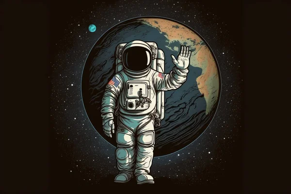 International Day of Human Space Flight, the Day of Astronautics, the astronaut waving his hand. Cosmonaut in outer space .